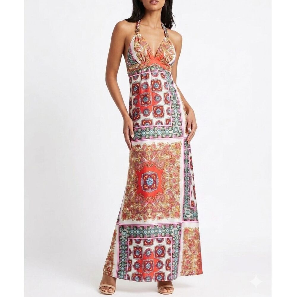 Vintage Y2K Halter Maxi Dress Satin Boho Paisley Patchwork